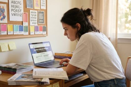 Jeune étudiante comparant des formations en design graphique sur son ordinateur portable entouré de brochures scolaires
