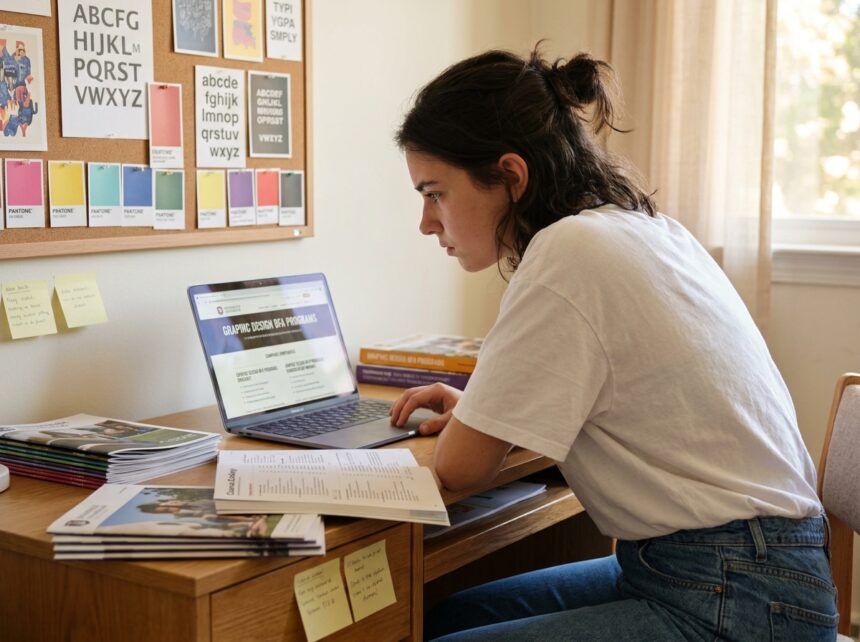 Jeune étudiante comparant des formations en design graphique sur son ordinateur portable entouré de brochures scolaires
