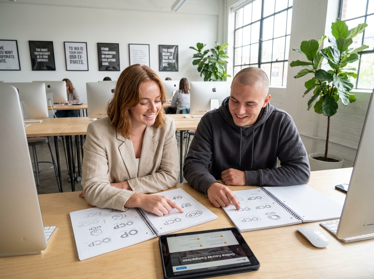 Deux étudiants en design graphique collaborant sur le choix d'une formation autour de croquis et d'une tablette numérique