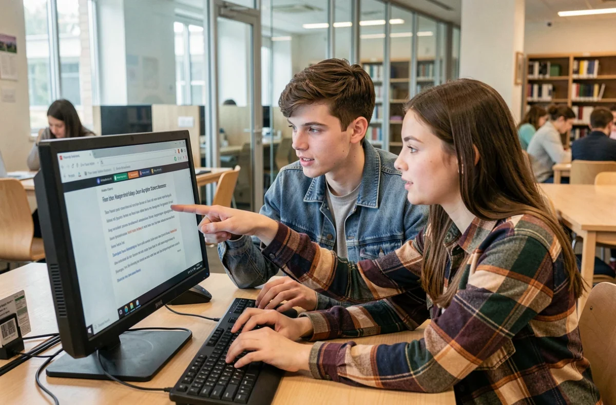 Deux étudiants universitaires consultant ensemble une encyclopédie collaborative en ligne sur un ordinateur dans une bibliothèque moderne