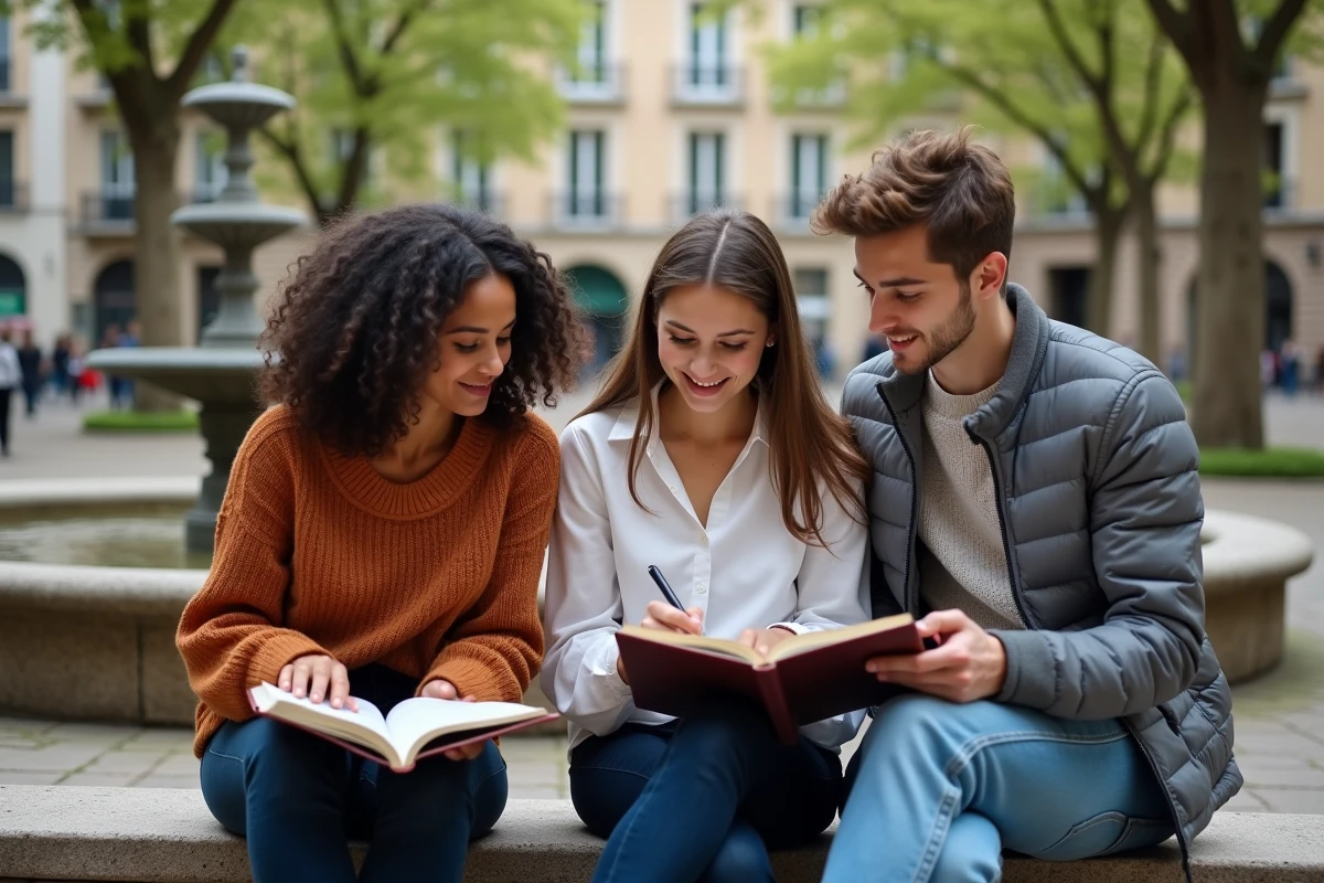 Étudiants révisant la définition du faubourg avec des manuels dans un square d'un quartier historique français