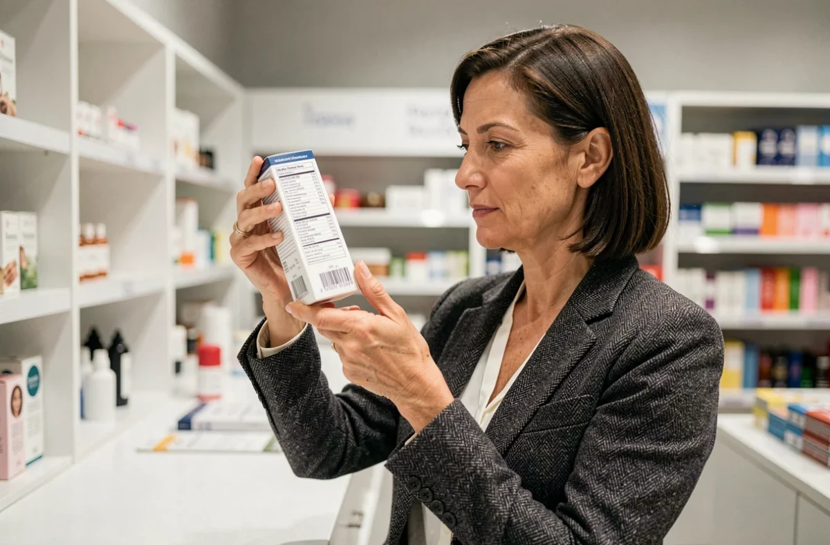 Femme experte inspectant minutieusement l'emballage d'un produit authentique dans une boutique moderne pour détecter les contrefaçons