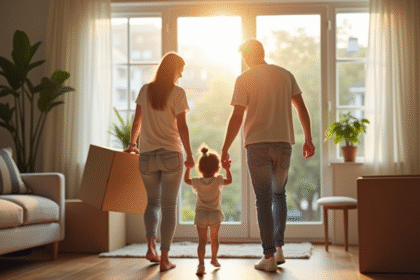 Famille jeune portant des cartons dans un salon lumineux