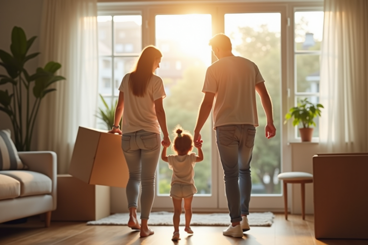 Famille jeune portant des cartons dans un salon lumineux