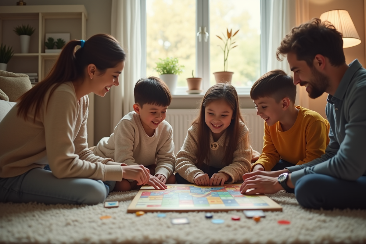 Famille jouant à un jeu de société dans un salon cosy