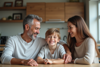 Famille recomposée souriante à la table de cuisine chaleureuse