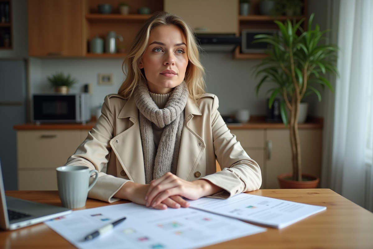 Jeune femme avec contrat immobilier et ordinateur à la maison