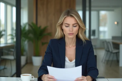 Femme d'affaires en bureau examinant des documents d'assurance