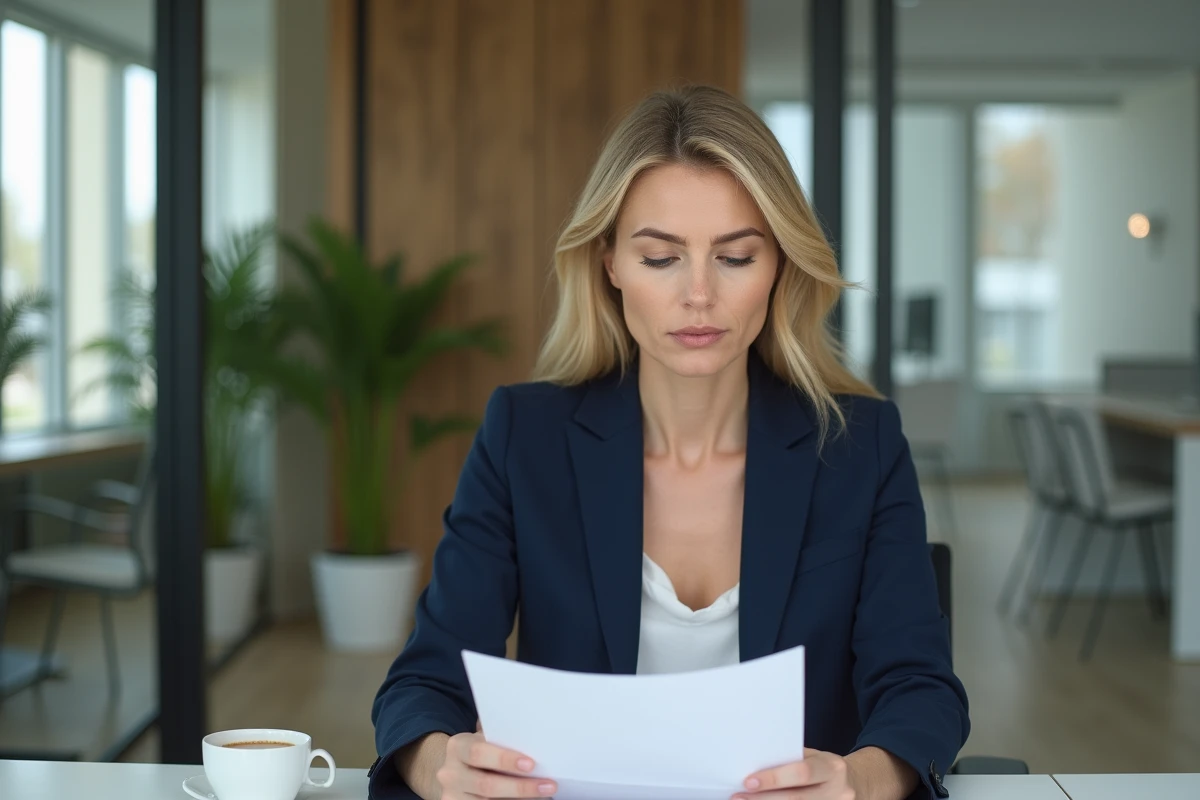 Femme d'affaires en bureau examinant des documents d'assurance