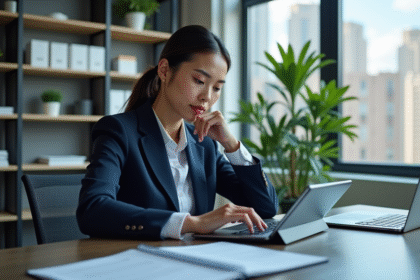 Femme d affaires en costume bleu dans un bureau lumineux