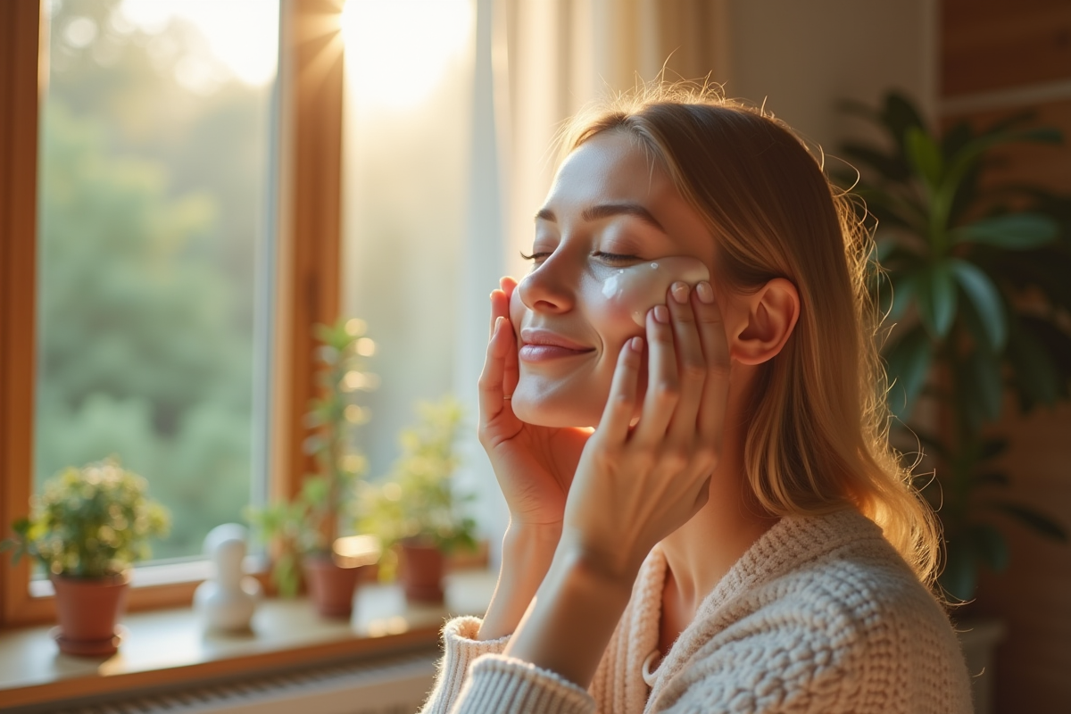 Femme appliquant une creme visage dans un intérieur cosy
