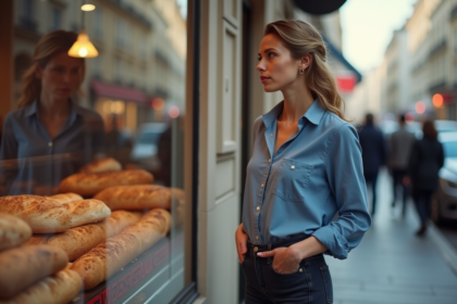 Jeune femme regardant la boulangerie parisienne