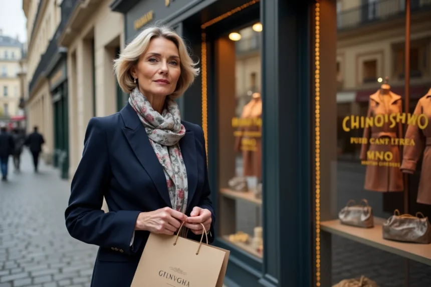 Femme parisienne tenant un sac de marque devant une boutique haussmannienne à Paris, illustrant la confusion entre la marque Faubourg de Paris et les quartiers parisiens