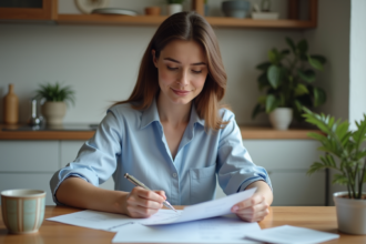 Femme attentive à ses factures dans une cuisine moderne
