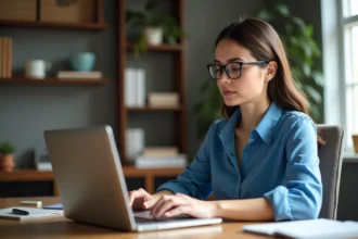 Femme concentrée travaillant sur son ordinateur dans un bureau cosy