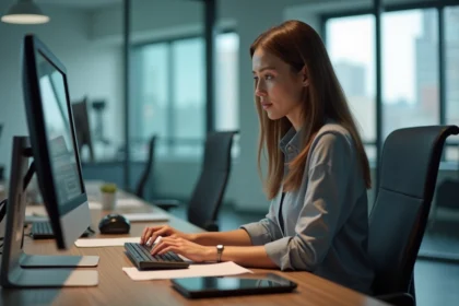 Femme au bureau travaillant sur ordinateur dans un environnement moderne