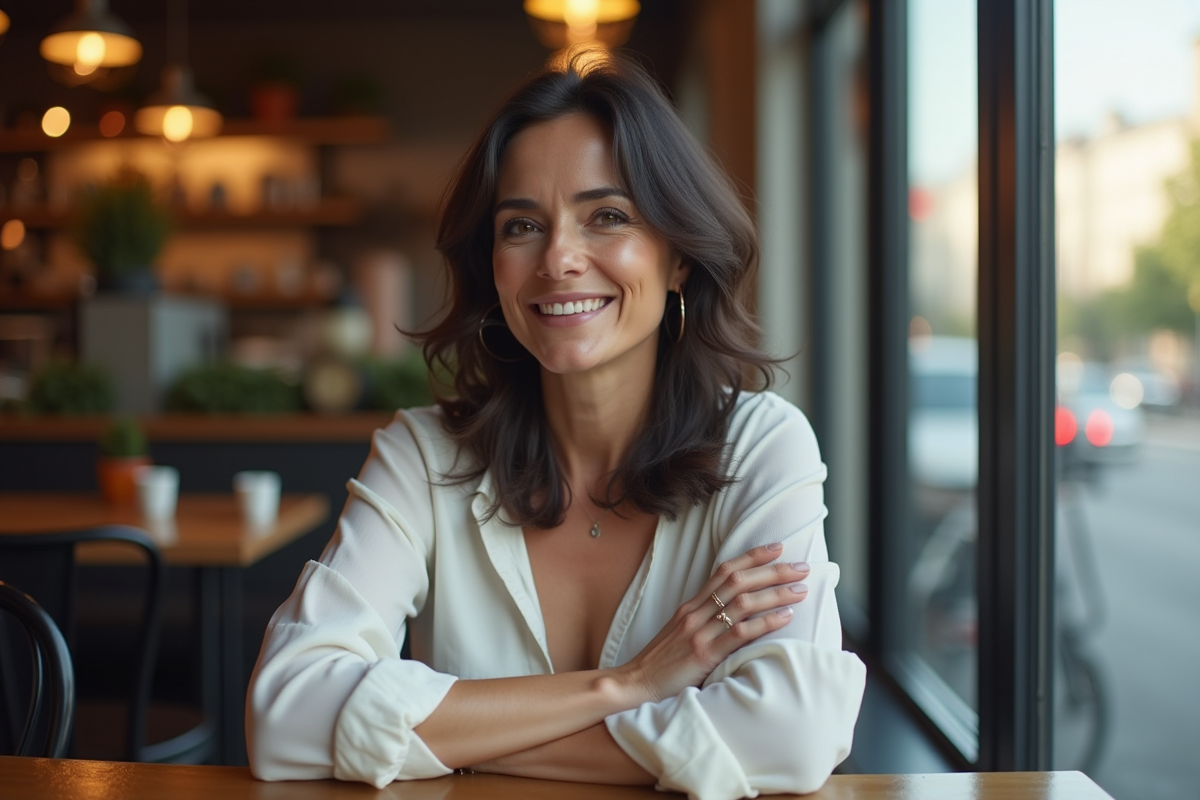 Femme souriante assise au café près d'une fenêtre