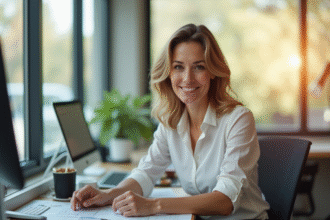 Femme confiante au bureau en lumière naturelle