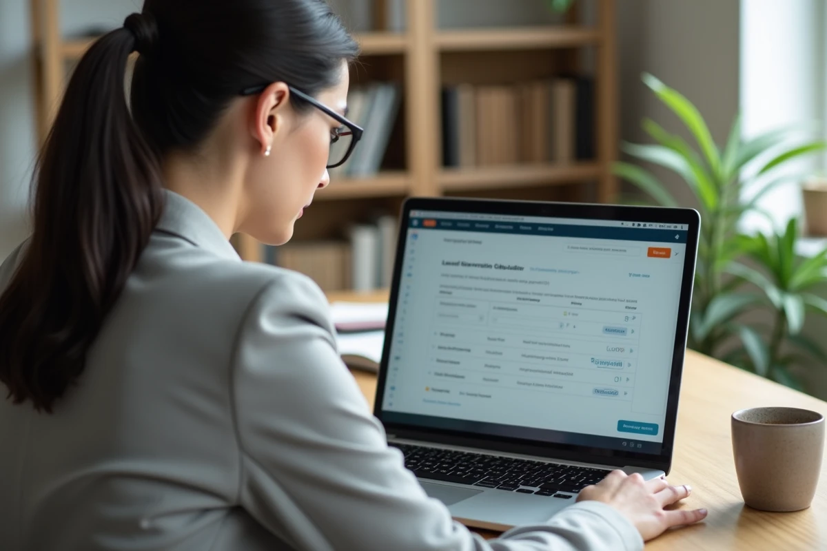 Femme utilisant un convertisseur hectares en mètres carrés sur ordinateur portable dans un bureau moderne