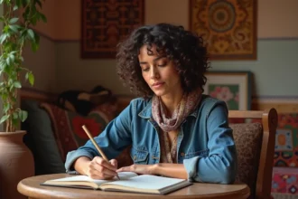 Femme en portrait près d'un carnet dans un intérieur nord-africain