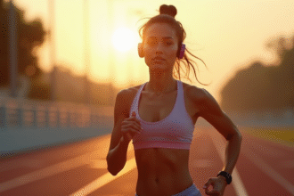 Femme sportive courant au lever du soleil avec écouteurs Bluetooth