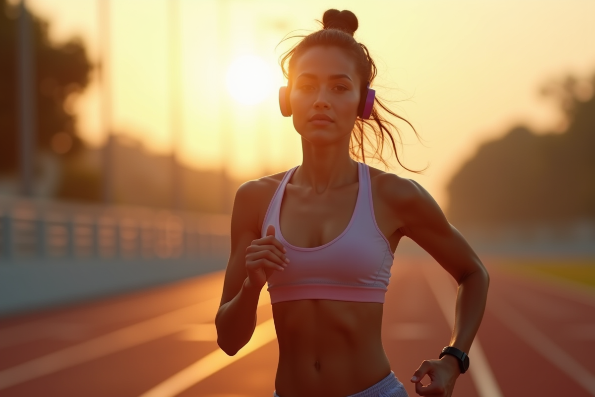 Femme sportive courant au lever du soleil avec écouteurs Bluetooth