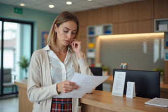 Femme d'âge moyen examine une liste de prix à la réception d'une clinique dentaire belge