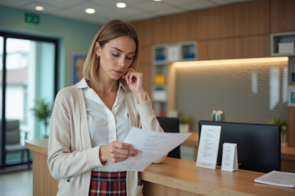 Femme d'âge moyen examine une liste de prix à la réception d'une clinique dentaire belge