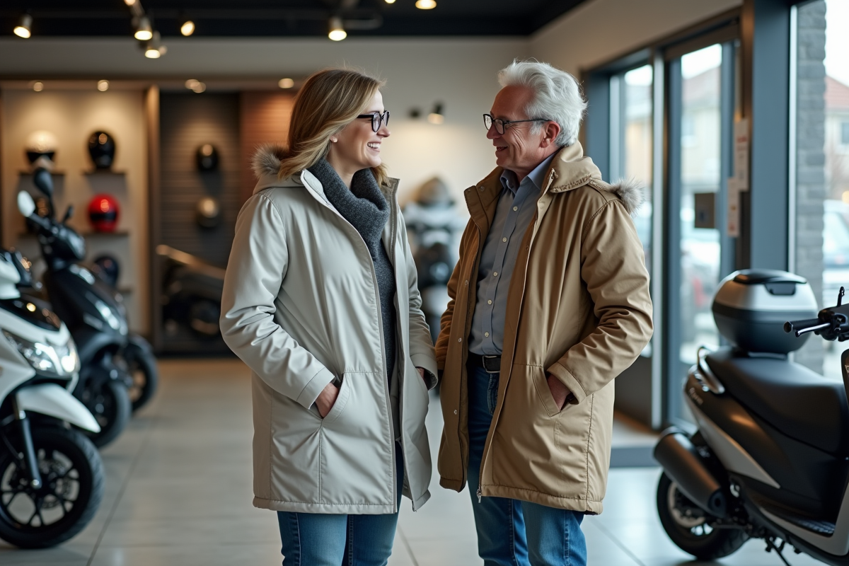 Femme discutant avec un vendeur dans un showroom de scooters