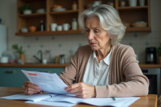Femme concentrée examinant des documents et une carte de prestation