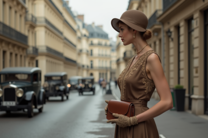 Femme élégante en robe 1930s sur une rue parisienne