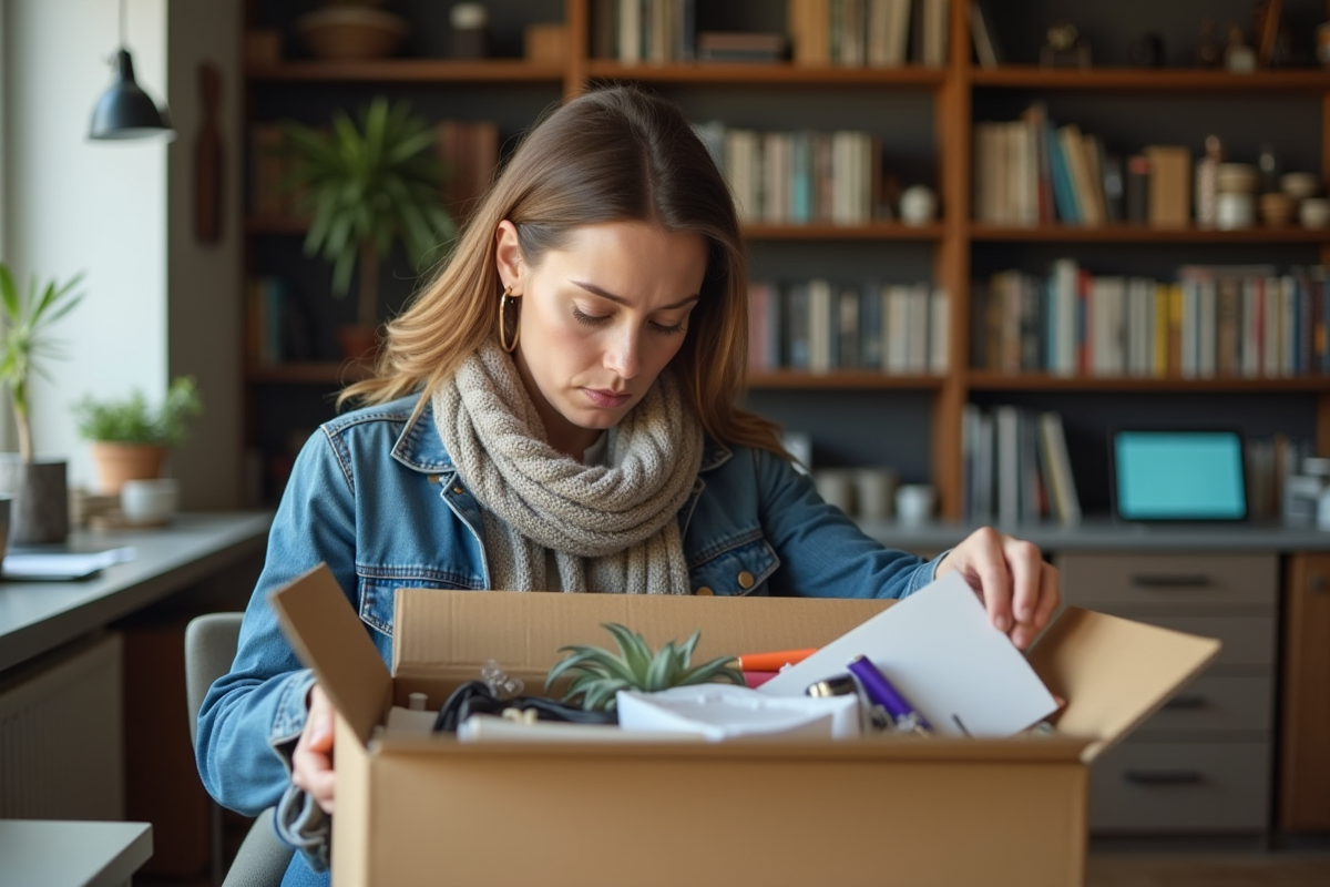 Femme décontractée examine un carton rempli d'objets dans un bureau cosy