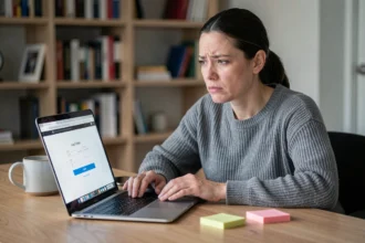Femme frustrée devant son ordinateur portable affichant une erreur de connexion à Kordoz