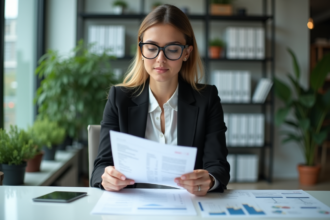 Femme professionnelle en bureau lisant rapport ESG