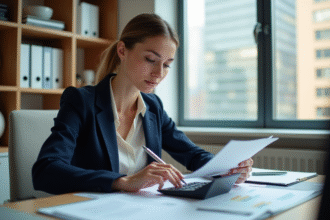 Femme professionnelle en bureau examinant des documents financiers