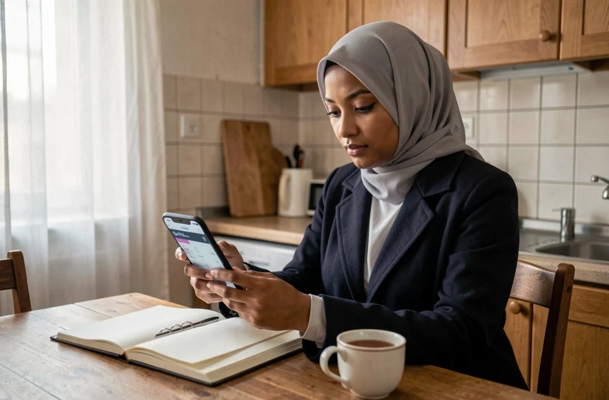 Jeune femme voilée consultant les horaires de prière sur smartphone dans une cuisine d'appartement français