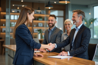 Femme professionnelle serre la main d'un couple dans une agence immobiliere