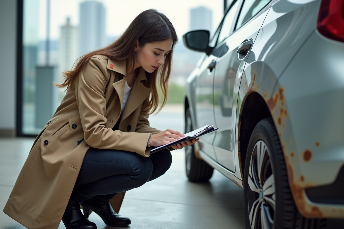 Jeune femme inspectant une voiture d