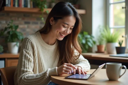 Jeune femme riant en jouant à un jeu de mots sur tablette dans la cuisine