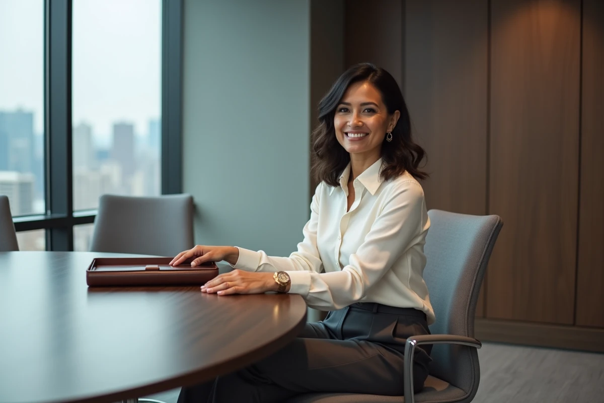 Femme d'affaires latina en tenue élégante dans une salle de réunion new-yorkaise, symbolisant l'ascension professionnelle et l'influence des artistes latinos à Hollywood