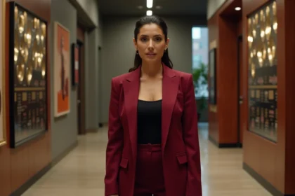 Femme latina confiante en blazer rouge dans un couloir de studio hollywoodien, évoquant l'héritage culturel et la carrière d'une star d'origine hispanique à Hollywood