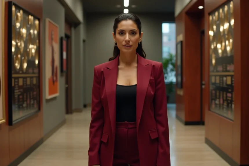 Femme latina confiante en blazer rouge dans un couloir de studio hollywoodien, évoquant l'héritage culturel et la carrière d'une star d'origine hispanique à Hollywood