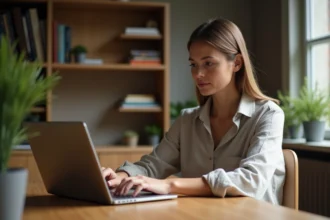 Femme consultant un site d'information généraliste sur son ordinateur portable dans un bureau à domicile moderne