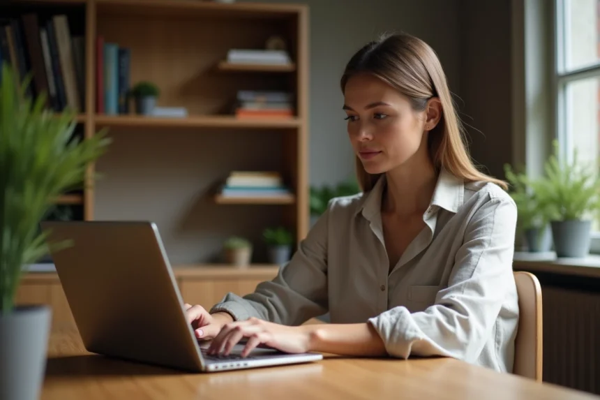 Femme consultant un site d'information généraliste sur son ordinateur portable dans un bureau à domicile moderne