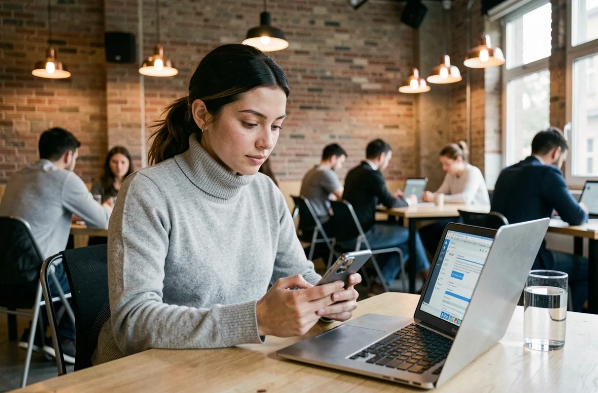Jeune femme consultant LinkedIn sur son smartphone dans un espace de co-working pour rédiger un message professionnel