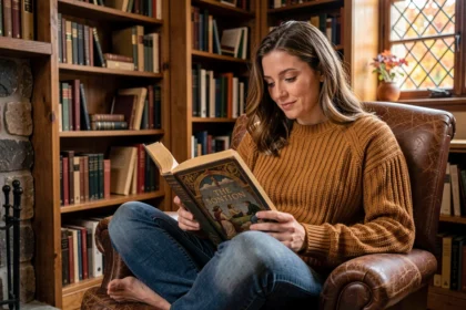 Femme lisant un roman médiéval dans une bibliothèque chaleureuse avec fauteuil en cuir et étagères en bois