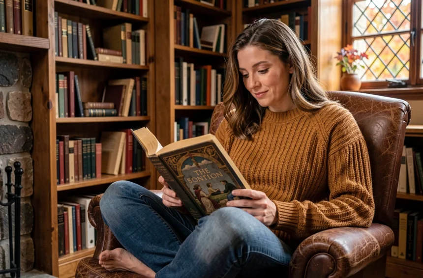 Femme lisant un roman médiéval dans une bibliothèque chaleureuse avec fauteuil en cuir et étagères en bois