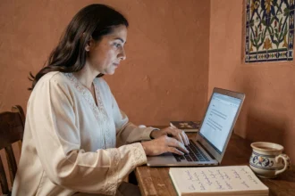 Femme marocaine utilisant un traducteur darija français sur son ordinateur portable dans un bureau à domicile à Casablanca