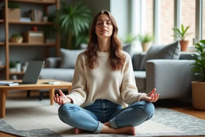 Femme méditant dans son appartement moderne et cosy