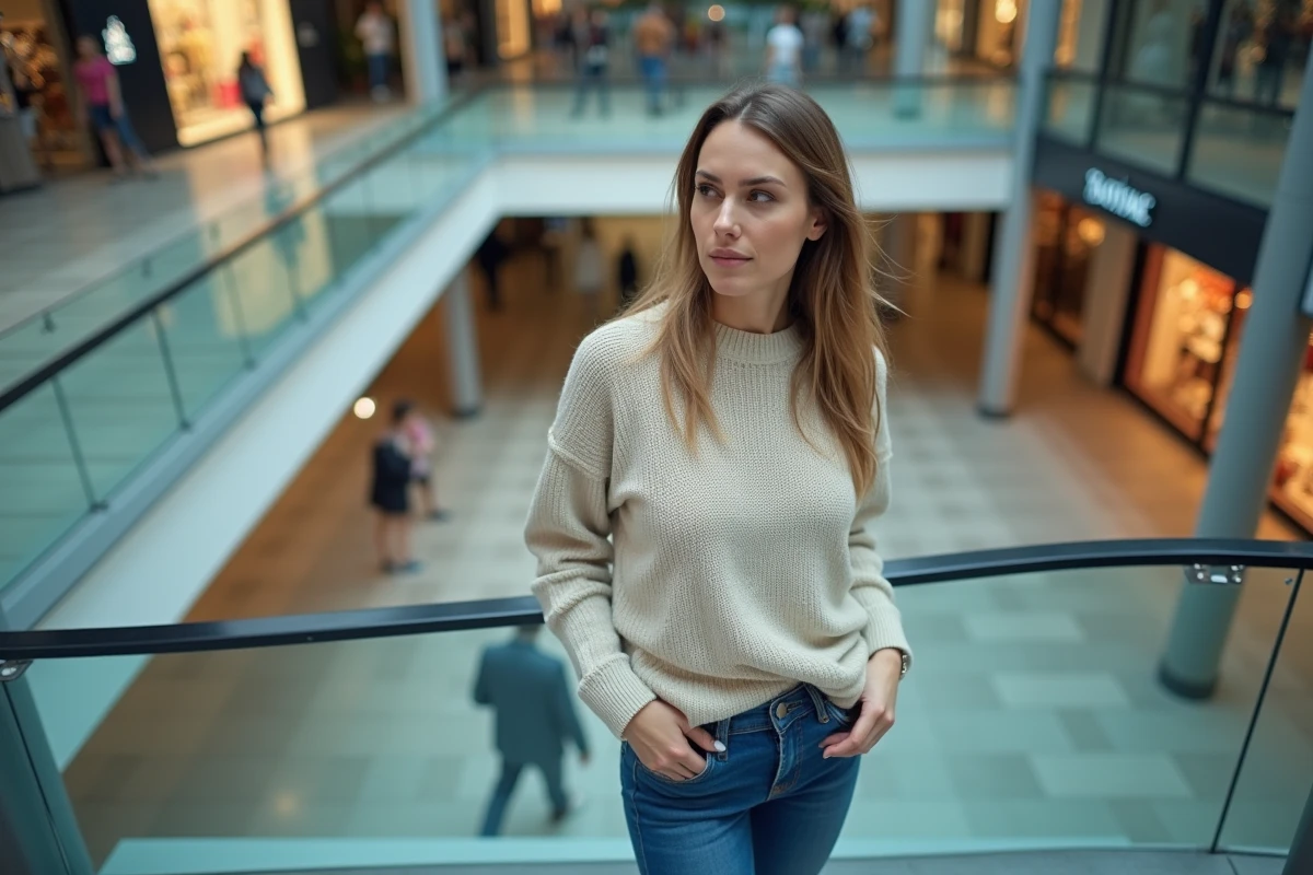 Femme en jeans et pull regardant le centre commercial Montparnasse